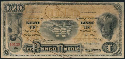 January 12, 2018 - NEW YORK 224 El Banco Union, 1 peso, Cartagena, 5 January 1888, red serial number 70735, black and pale brown, cherub at left, head of Liberty at right, sailing
