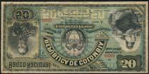 left, red seal at centre on reverse (Pick 214, 211, 181, 182a), generally fine to good very fine (11) US$200-250 229 El Banco Nacional de la Republica de Colombia, 5 pesos, 4 March 1895, red serial