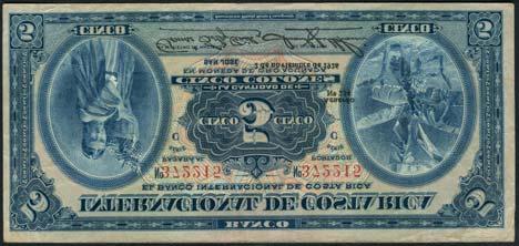 iconic note (2) US$500-700 247 Banco Internacional de Costa Rica, 5 colones, 2 November 1926, serial number C372215, blue on orange and green