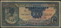 July 1933, serial number D023566, blue, woman with basket at left, also Banco Nacional de Costa Rica, 50 colones, 8 April 1941, serial number E113233, green, woman at left (Pick 182a, 193), both