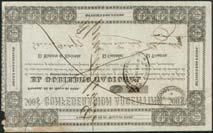 January 12, 2018 - NEW YORK 2 Custom Bonds, Gobierno Nacional, 25 pesos, 1 October 1857 third issue, serial number 359, also 100 pesos, 25 May 1859, serial number 2747, and 500 pesos, 25 May 1959,