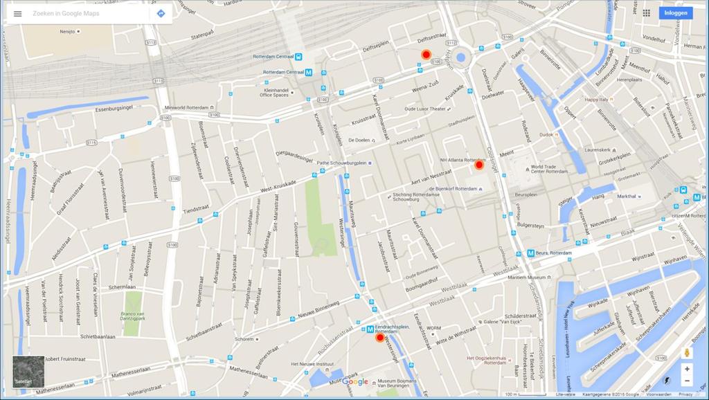 Red dots indicate the suggested hotels: 1 Holiday Inn Express, 2 NH Atlanta, 3 Bilderberg Parkhotel.