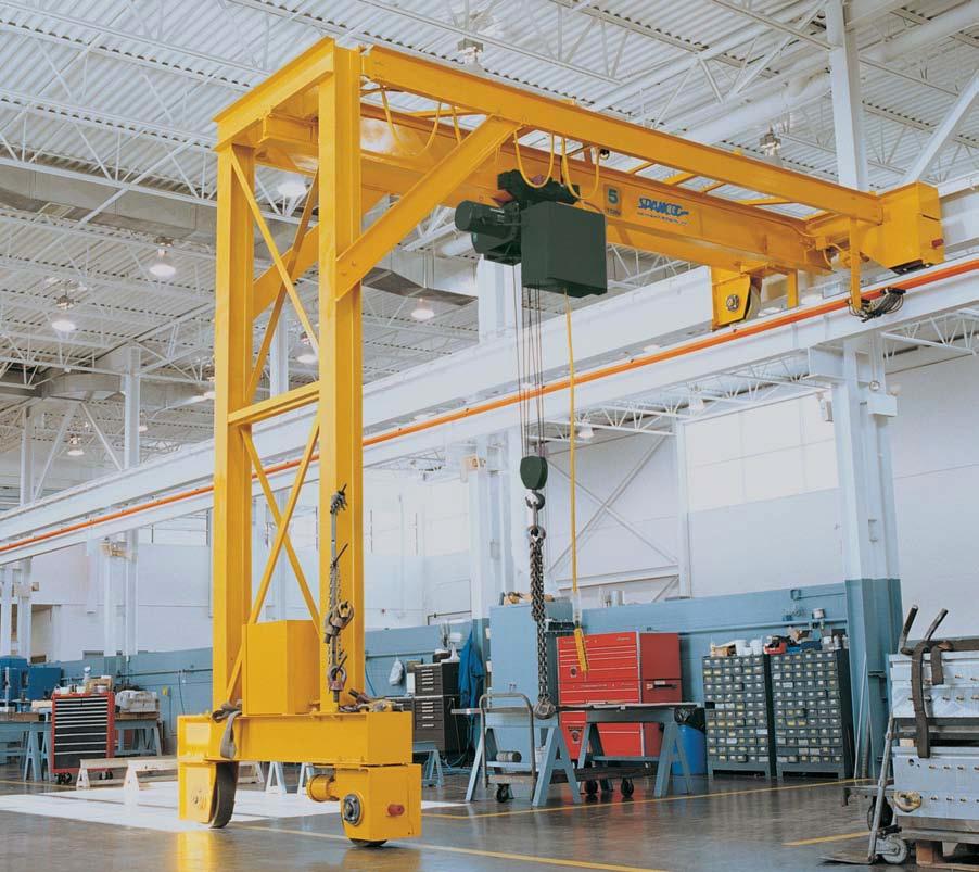 WIE FLANGE CUSTOM ESIGNE SINGLE OR OUBLE LEG, WIE FLANGE BEAM CONSTRUCTION GANTRIES with double flanged wheels for travel on ASCE rail or polyurethane wheels for direct floor travel.