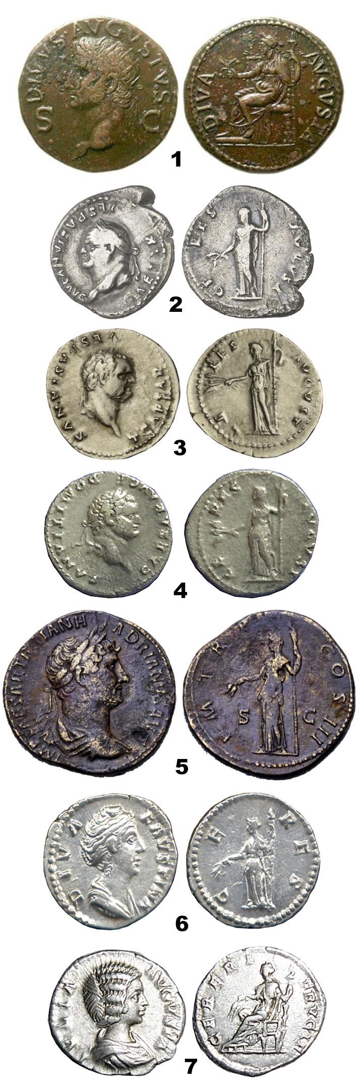 . Figure 2. GODDESS OF THE MYSTERIES OF ELEUSIS on coins of Roman emperors: 1. Dupondius of Claudius with Divus Augustus on the obverse, his wife Julia as Ceres on the reverse. 2. Denarius of Vespasian with Ceres on the reverse.