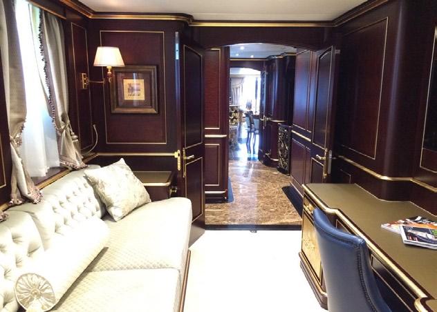 Accessed through the owners personal office on the starboard side the suite features, a hand crafted walk around king size bed,