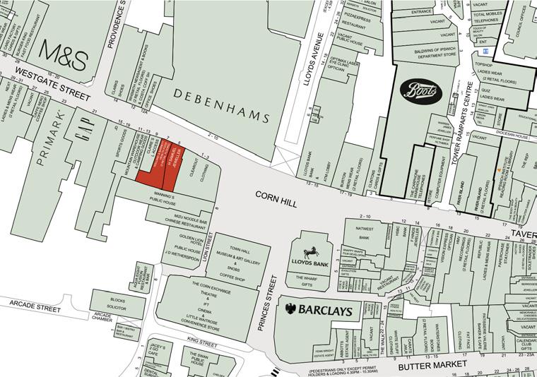 The subject properties occupy a 100% prime retail position at the eastern end of the pedestrianised Westgate Street, directly opposite Debenhams.