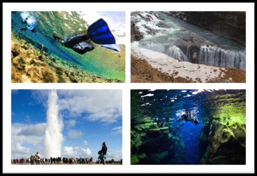 Trip one - Golden Circle Sightseeing & Snorkeling Adventure This jam-packed adventure starts with a scenic drive to the world famous Geysir, a geothermal area where the ground gurgles, bubbles and