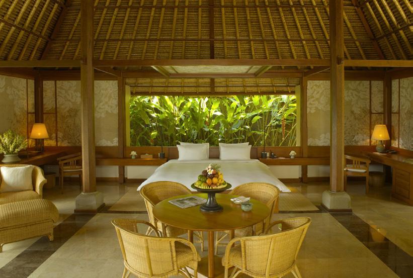 Amandari offers 30 thatched-roof suites (11 with private pool) and boasts spectacular views of the river valley and terraced paddy fields.