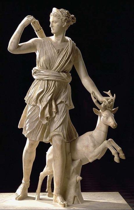 Artemis Diana Hunt / Moon Silver bow + arrow / Silver sandals / Cypress Tree / Wild animals white stag Not married Paleolithic Daughter