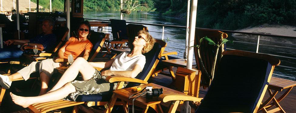 The RV River Kwai carries a maximum of 20 passengers in 10 teakwood cabins (single deck) and operates on 4 days/3 nights year round program every Monday-Thursday and Thursday-Sunday on both Upstream