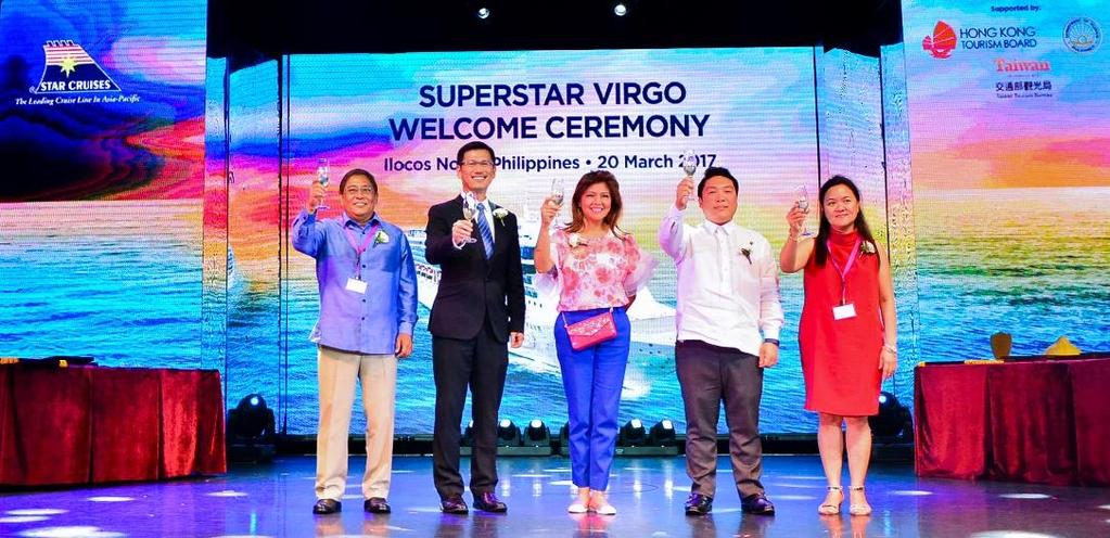 Mar 20: Celebrating a toast on board SuperStar Virgo during her maiden call to Ilocos Norte: Left to Right: The Honourable Eugenio Angelo Barba (Vice Governor, Province of Ilocos Norte), Mr.