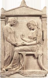 36. Grave Stele of Hegeso, attributed to Kallimachos. c.410 BCE marble and paint Pg. 142 in Gardners Grave stele, made of Pentelic marble, found in 1870 in the ancient cemetery of the Kerameikos.