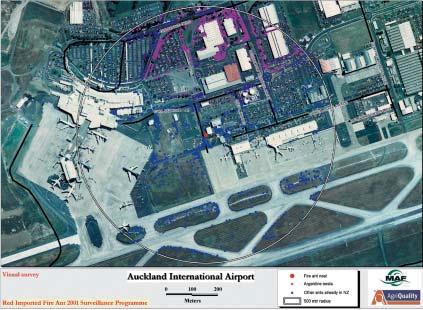 Figure.4 Map Showing the Location of the Fire Ant Nest and Nests of Other Ants Detected at Auckland International Airport (23 March 2001).