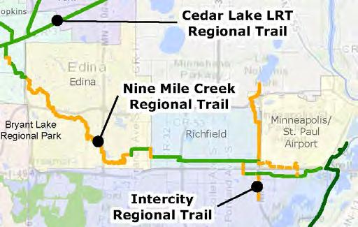 The regional trail corridor follows its name sake, Nine Mile Creek, for several miles and incorporates vistas over wetlands, areas for environmental education and interpretation, and several places