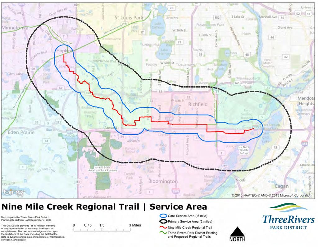 Section III Demand Forecast Figure 9 Nine Mile Creek Regional Trail service area is described in two radii; 1) the core area in which 50 percent of trail users are anticipated to originate from and