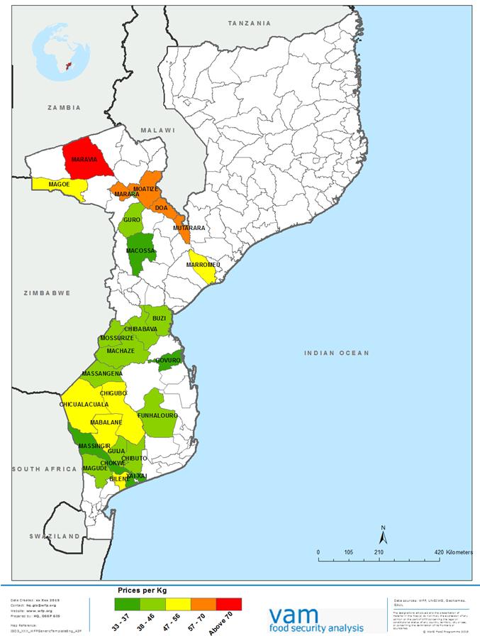 By contrast, maize grain prices fell in Tete. In Gaza, the maize grain price trend was mixed. Map 1: Retail price for maize meal (MZN/kg) by district Maize meal was most expensive in Maravia (MZN70.
