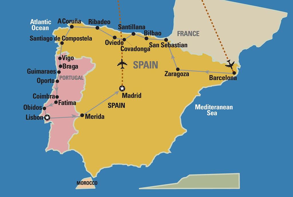 Itinerary The Best of Spain & Portugal Day 1, Friday: USA- BARCELONA Early evening departure on your transatlantic flight to Barcelona. Dinner, movie, and breakfast on board.
