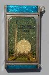 Lot # 211 - Rectangular blue marbled powder compact with a sparkly design of the Trylon and Perisphere and the words, "New York World's Fair 1939".