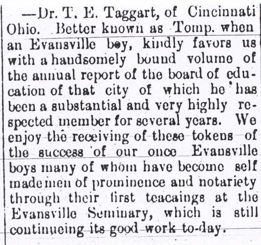 October 7, 1890, The Tribune Mr. George Taggart has sold his house and lot on Brooklyn Avenue, to Mr. Ed Hines. March 10, 1891, Evansville Review, p. 1, col.