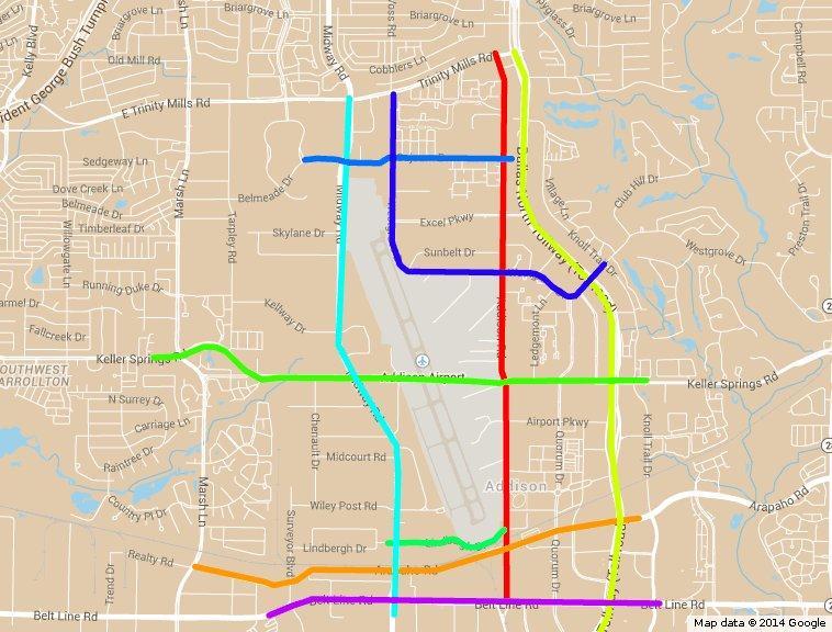 2013 Daily Traffic Counts Near Addison Airport Street Addison Road Arapaho Road Dallas North Tollway Service Roads Only Keller Springs Road Lindbergh Lane Midway Road Sojourn Westgrove Vehicles Per