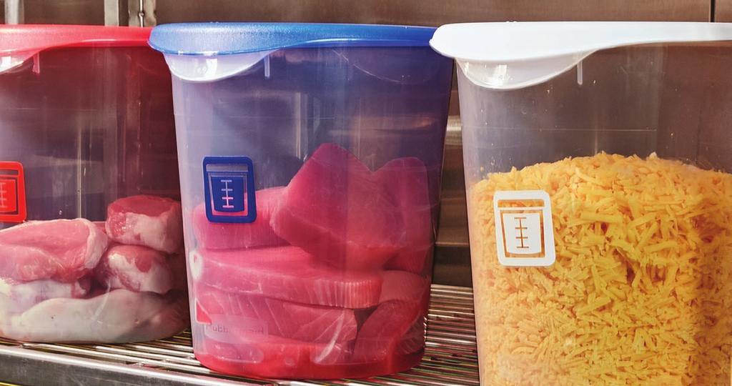 Use color-coded storage containers and lids to keep uncooked foods like raw meat separate from ready-to-eat foods.