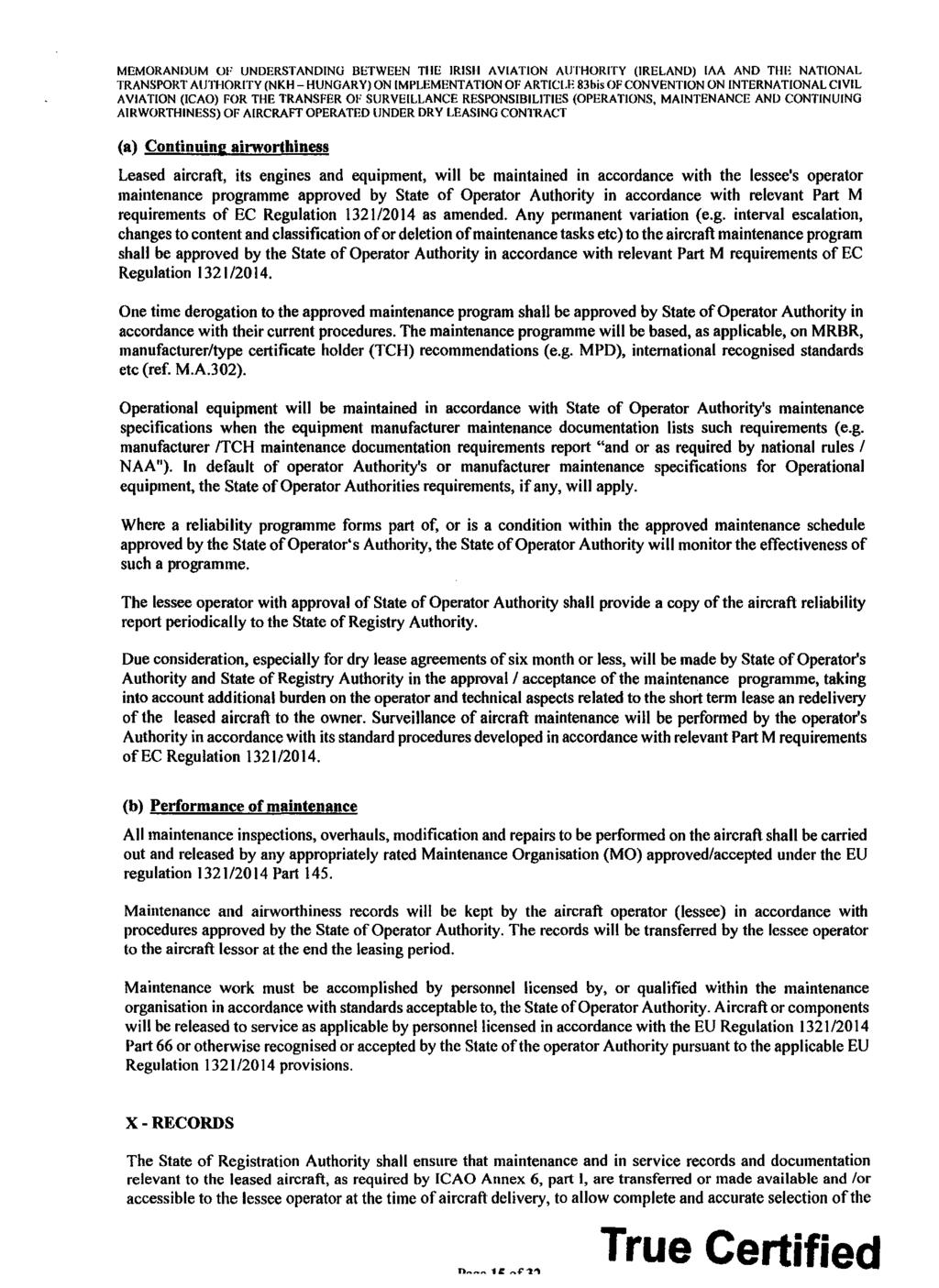 MEMORANDUM OF UNDERSTANDINU BETWEEN TilE IRISII AVIATION AUTHORITY (IRELAND) IAA AND THE NATIONAL TRANSPORT AUTHORITY (NKH- HUNGARY) ON IMPLEMENTATION OF ARTICLE 83bis OF CONVENTION ON INTERNATIONAL