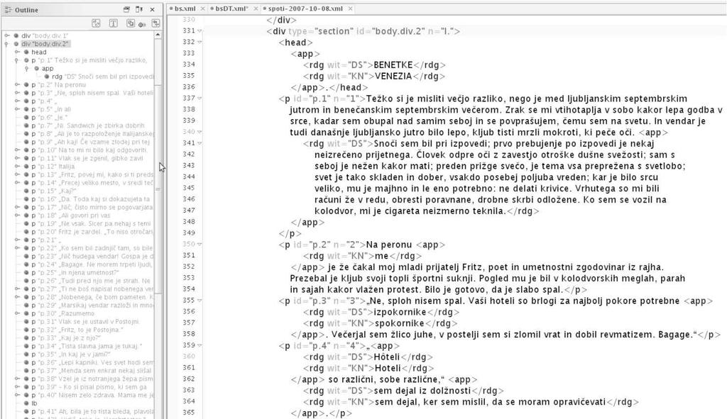 Slika 1: Izseček XML-TEI zapisa romana S poti, kjer vidimo strukturne elemente in