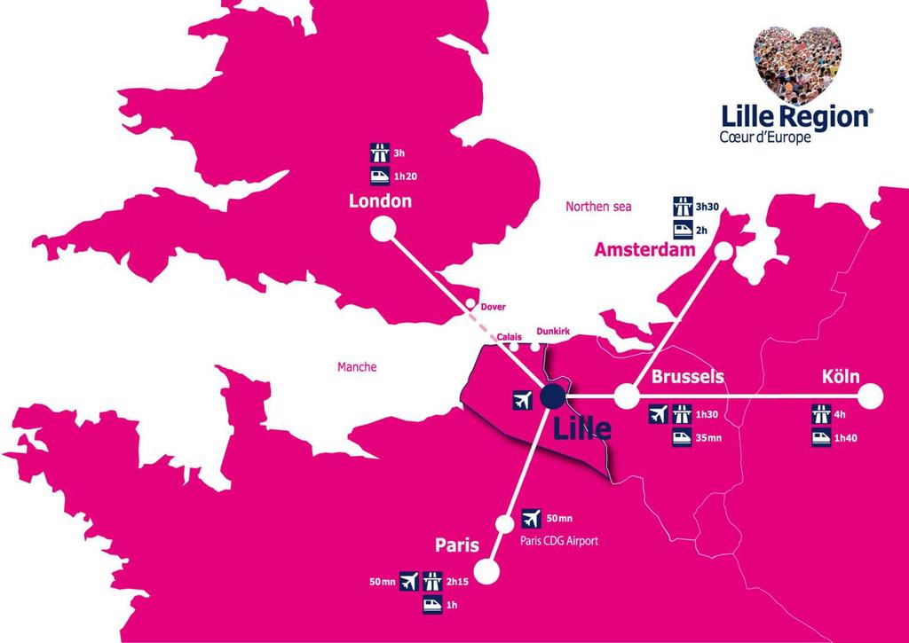 BY PLANE Lille Airport: 10 min from the town centre with an hourly direct shuttle connection Roissy Charles de Gaulle International Airport: direct high-speed train between Paris and Lille in 50 mins