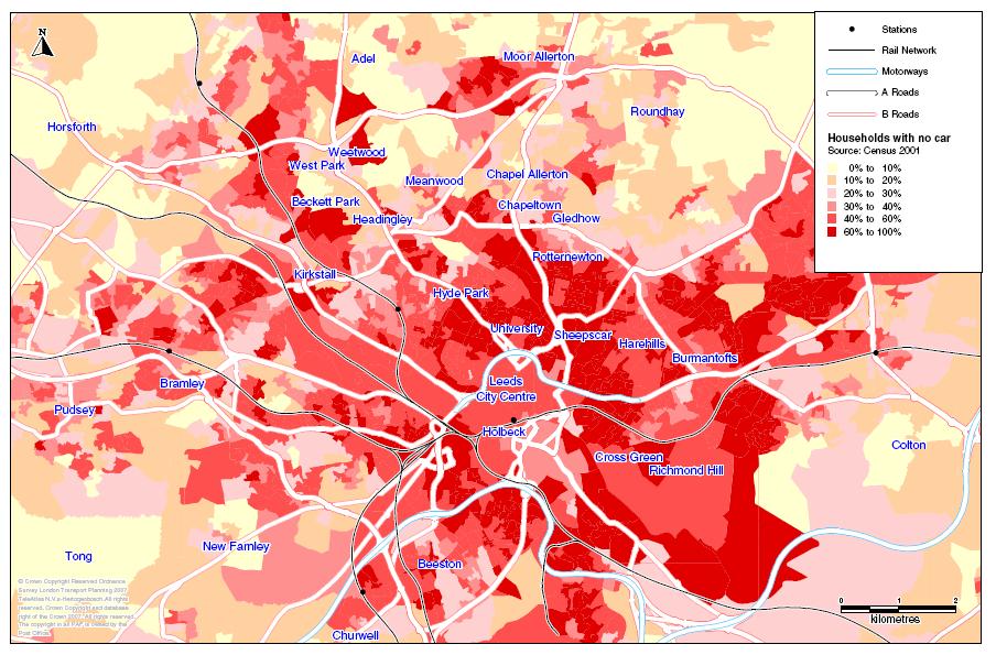 Ward % of household with no car or van Halton 21% North 21% Horsforth 20% Barwick and Kippax 20% Otley and Wharfedale 20% Roundhay 18% Wetherby 14% Leeds average 34% Source: 2001 Census 5.