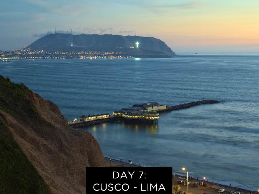 Day 7 and it s time to return to Lima (after breakfast of course). The Local Host will meet them in the hotel lobby 1 ½ hours before the flight. They ll have a private transfer to the airport.