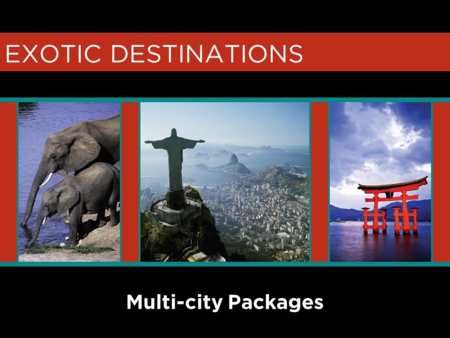 Next up, in our exotic destinations: South & Central America, Africa, Asia and the South Pacific we offer Multi-City packages., as well as city-stays.