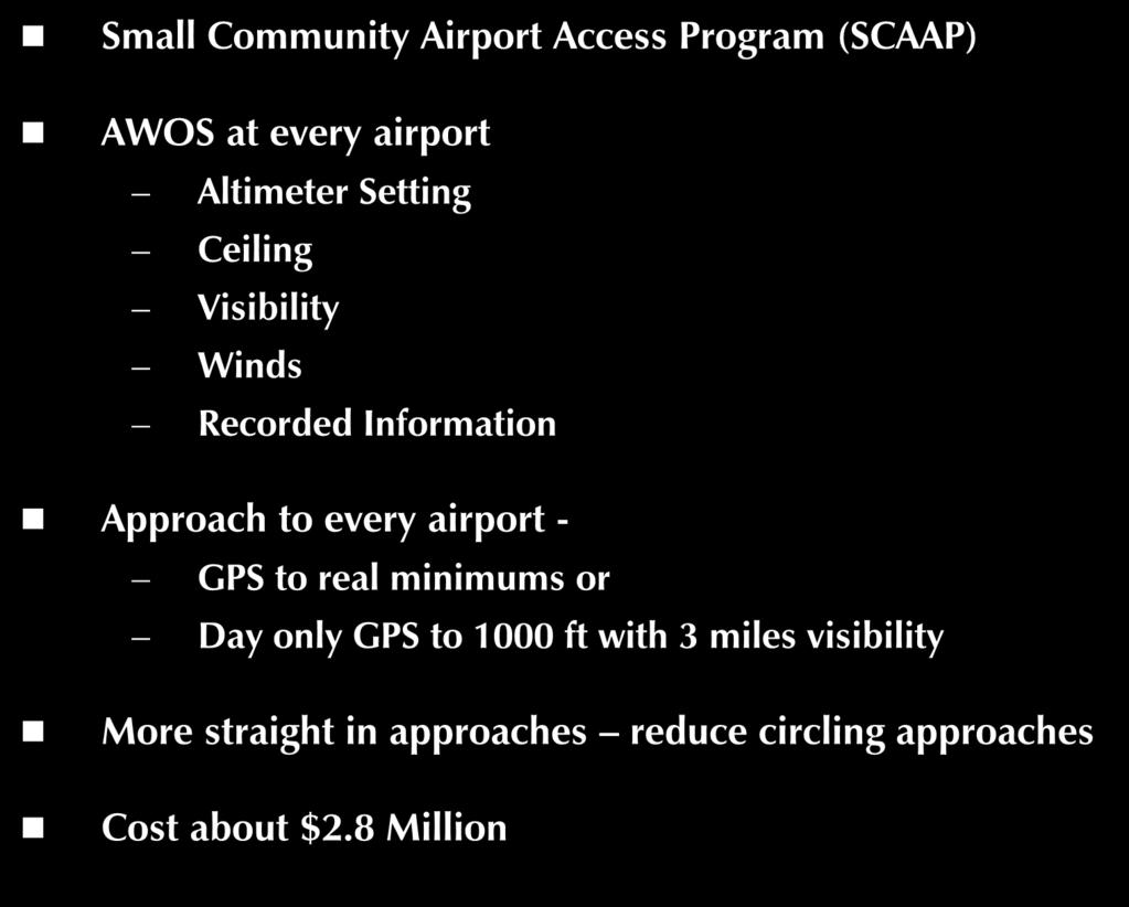 To Improve Safety and Access at GA Airports Small Community Airport Access Program (SCAAP) AWOS at every airport Altimeter Setting Ceiling Visibility Winds Recorded Information