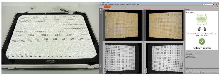 Kao primjer kalibracijskog sustava možemo staviti postupak kalibracije mjernog senzora ATOS CORE, koji se provodi pomoću kalibracijske ploče (lijevo) ili kalibracijskog križa (desno) Slika 24.