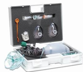 1) Complete manual resuscitation set. 2) Rigid case. 3) Provided with refillable oxygen bottle (capacity approx. of 0,5 LT). 4) Reanimation bag valve masks like Ambu bag with O2 reservoir.