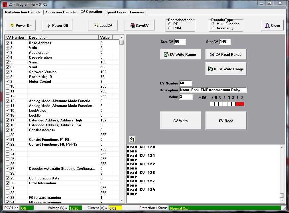 9. TAB-ul CV Operation Cu ajutorul functiilor prezente in aceasta fereastra putem citi, modifica si scrie variabilele de configurare (denumite in continuare CV-uri) ale decodoarelor mobile si de