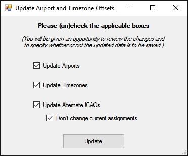 Airport and Timezone Offset Updater To open the updater, click on the Update and Timezone Offsets (from AIG) item in the Airports menu. A small dialog as shown below will appear.