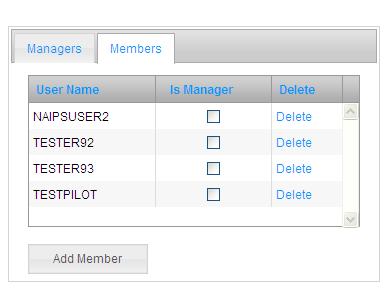 Members Lists members of the group by User Name Is Manager Delete Add Member Tick this box if you wish to make this user a manager of the group.