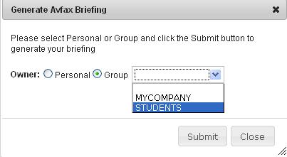 Explanation of Personal and Group accounts Personal Group Submit Select if the AVFAX Briefing is to be created as a personal