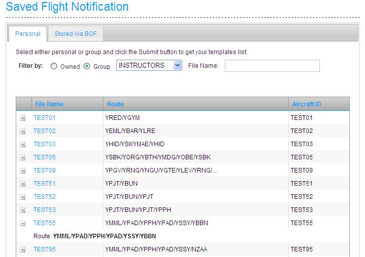 Select to show the expanded legs of the saved flight Notification Stored via Bof For accessing Flight notification that have previously been stored in NAIPS on your behalf by the Briefing Office.