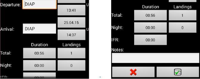 In logbook row, you can assign Pilot and co-pilot names, aircraft, define number of landing, fine tune flight info Note 2: Swipe logbook row from