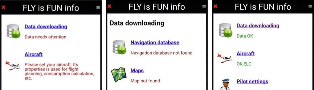 4 Setting the application FLY is FUN info page allows fast configuration of the application and to check if imported data are up to date.
