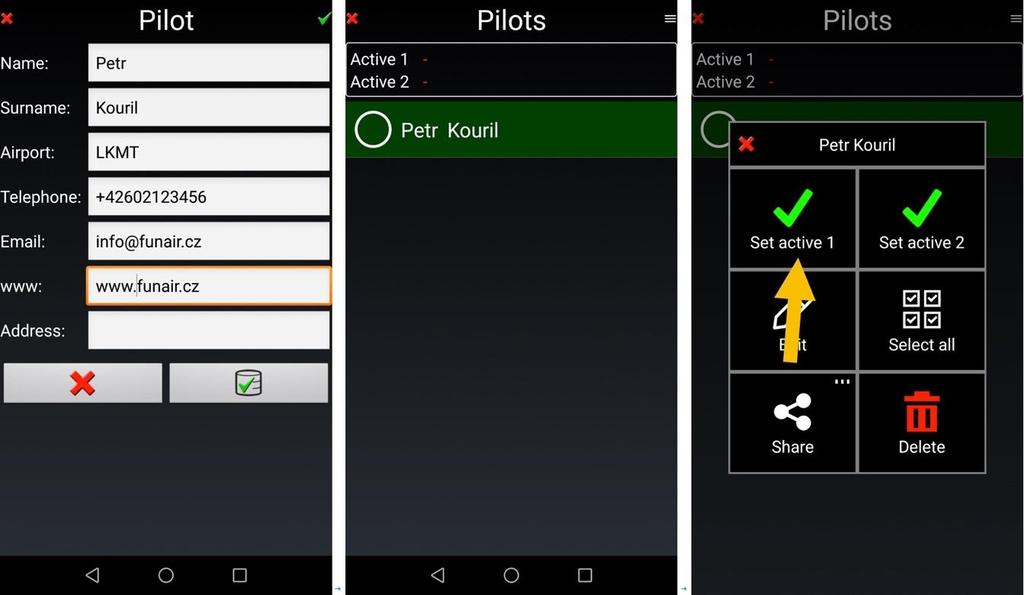 To create a new pilot and set its role from FLY is FUN info page - Select Pilot settings - Tap on the