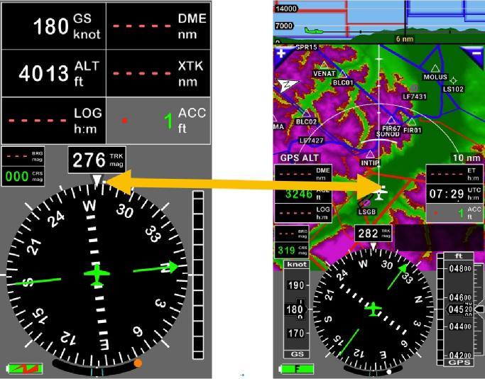 5 Main screens The application uses 4 main screens: - Moving map screen using topographical map as background; - Terrain screen with AGL indication; - 2 instruments screens, one with 6 indicators,