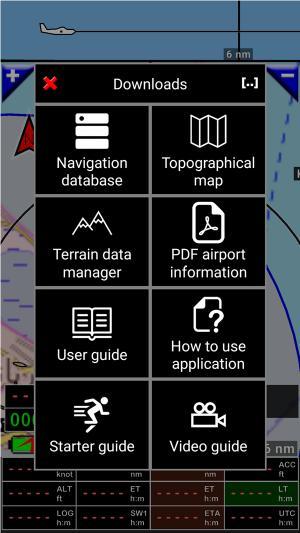 7.3.4 Downloads menu - Navigation database: open Nav database selection screen; - Topographical map: open Maps library and map selection screen; Note 1: names of maps installed on the device are