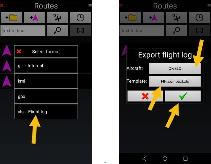 To export Flight log, open the route Library and long tap on route for witch Flight Log is requested.