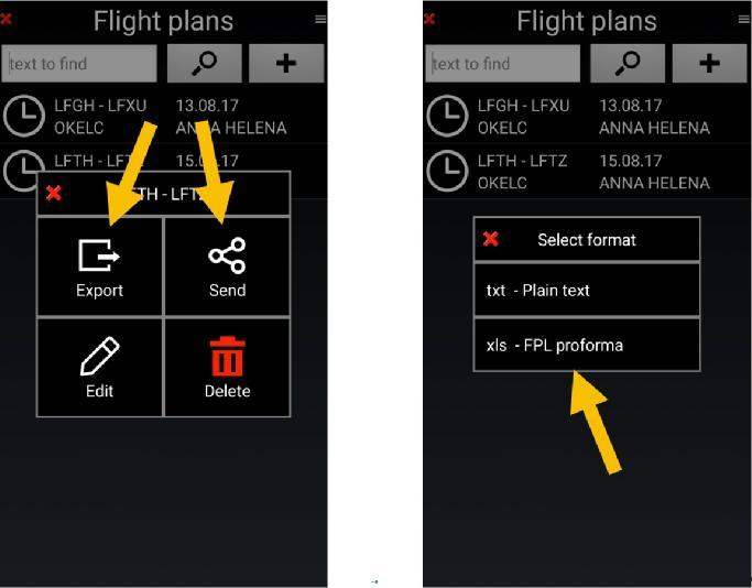 Long tap on Flight Plan to send, select Export, Send and the format to use.