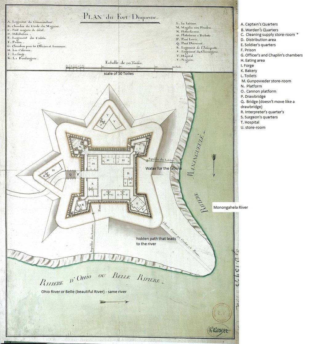 Figure 26. Map of Fort Duquese i Frech 4. Traslatios were completed by Stephaie Showalter (Stotz 200:82). A latrie is also oted o the map i the southwester bastio.