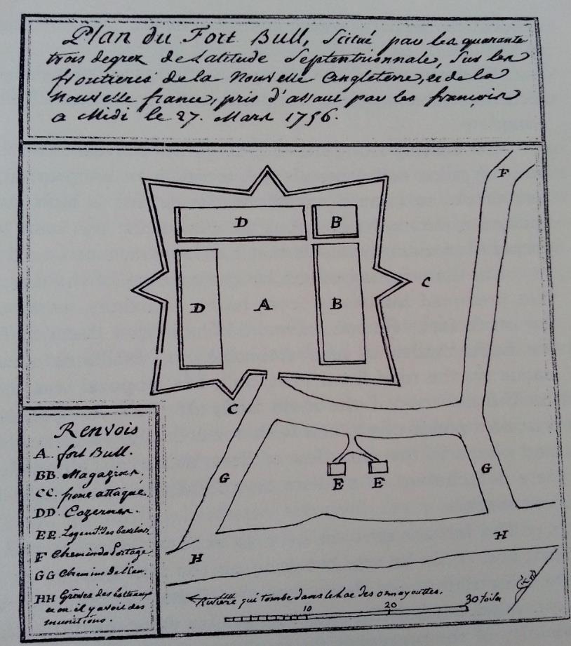 Figure 30. This 6 Frech rederig of Fort Bull deotes items labeled with a B (BB) as powder magazies ad structures labeled with D (DD) as barracks (Hagerty 92:6).
