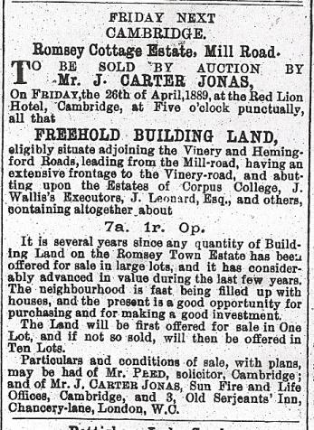 Hemingford Road Extension: 1889 11 years after the original sale of the Romsey Cottage estate 7 more acres were offered for sale by the Johnson family. This land adjoined Hemingford Rd and Vinery Rd.