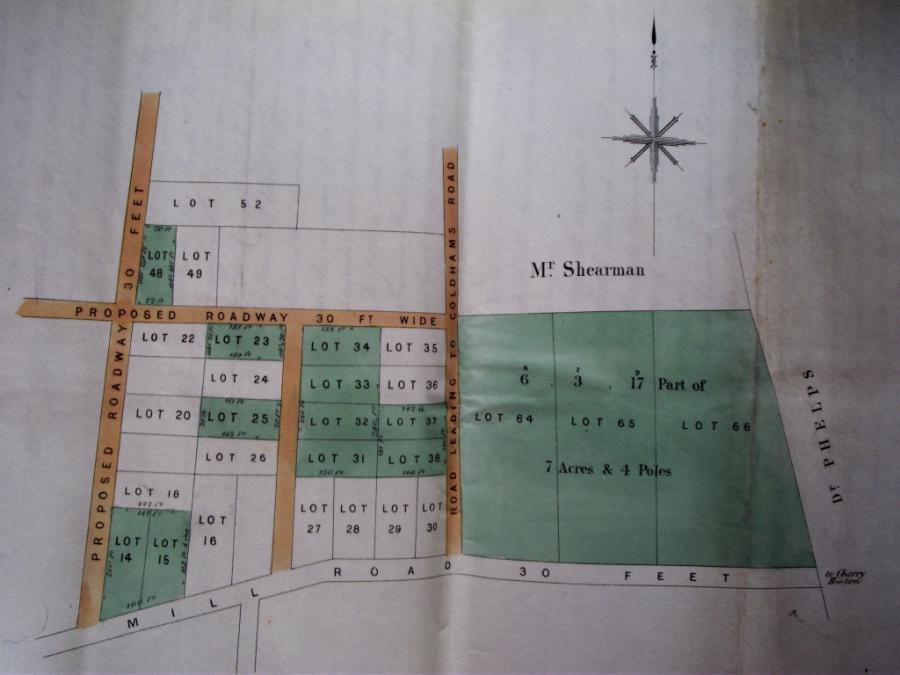 Romsey Cottage Estate Sale: Showing land (green) bought by Francis Thoday, 1879.